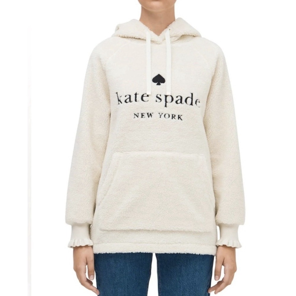 Kate Spade New York Sherpa Fleece Hoodie Cream Ivory Ruffle Cuffs Size L